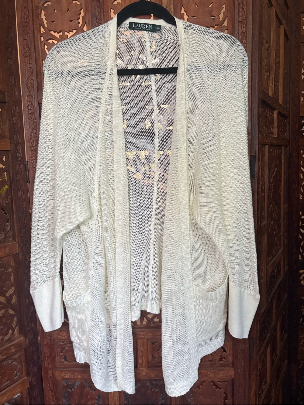 Lauren Ralph Lauren lightweight open knit cream cardigan size small linen blend